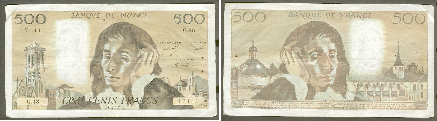 500 francs Pascal 05/12/74 VF+